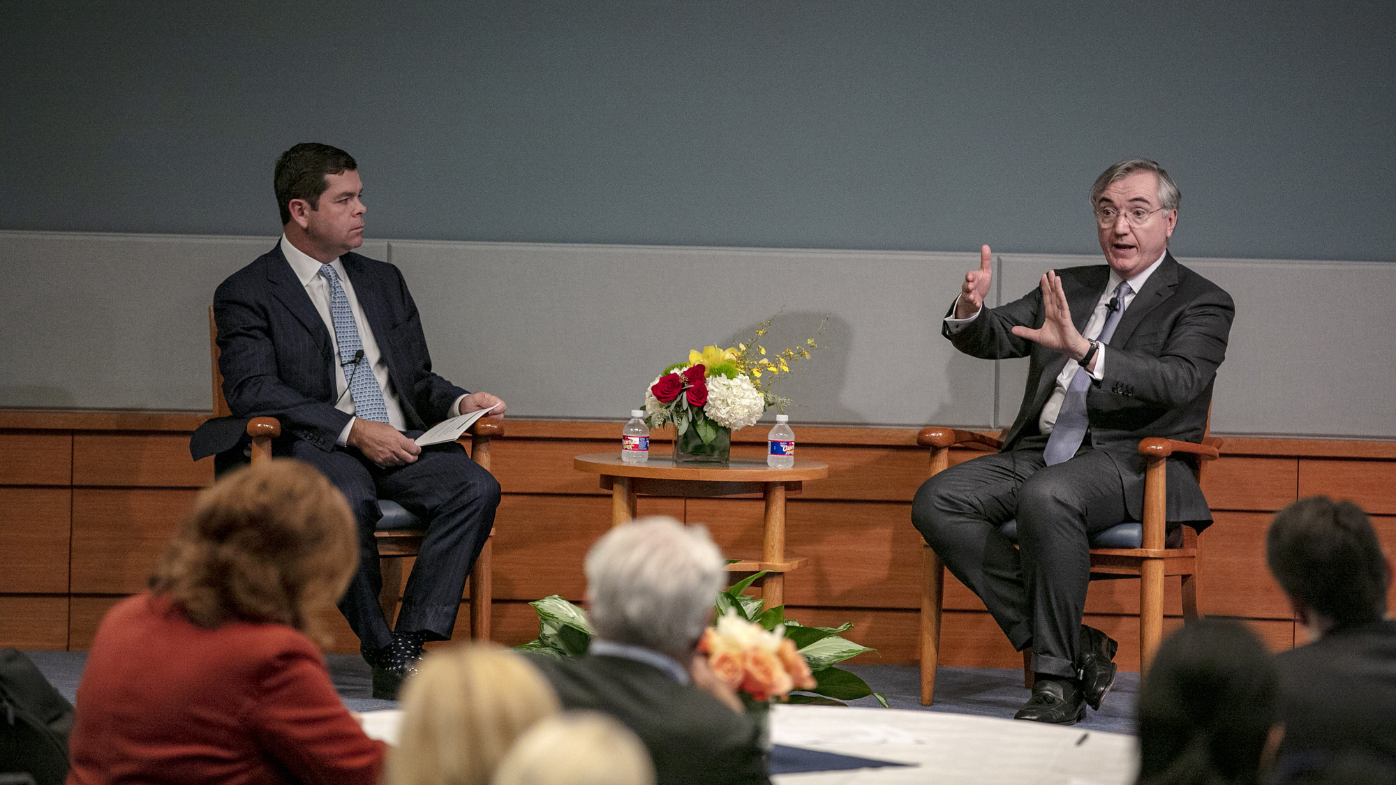 UpSkill Houston Chair Dan Gilbane moderates a fireside chat with Harvard Business School's Joe Fuller 
