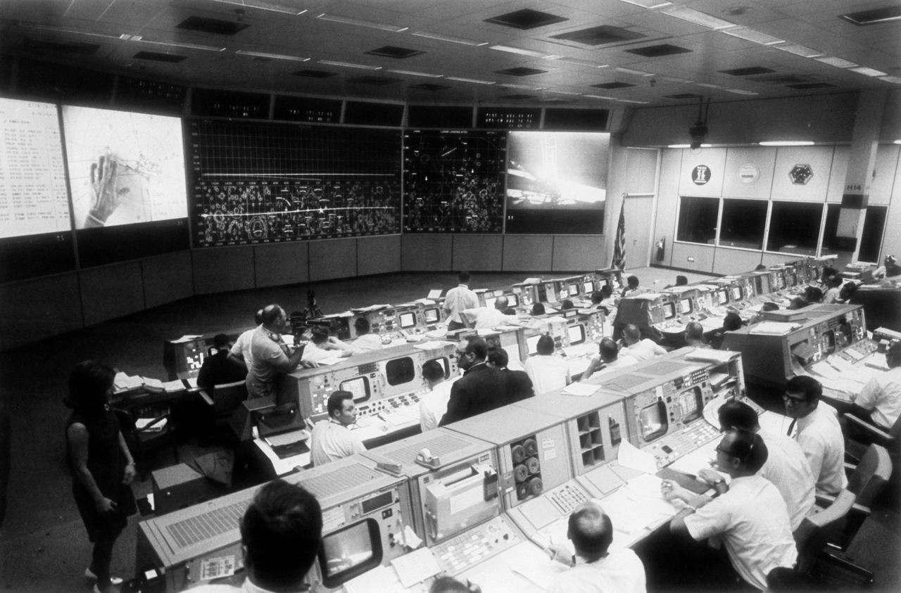 Overall view of the mission control center at Johnson Space Center during Apollo 11 mission