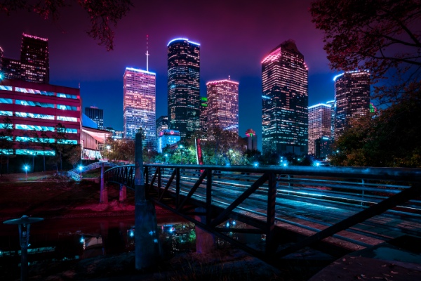 View of Downtown Houston in the evening.